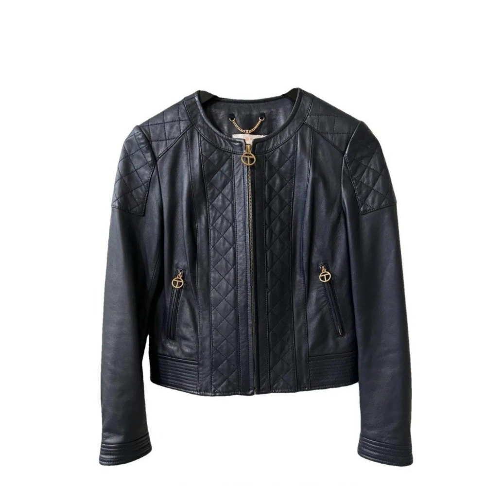 Tory Burch Ryder Leather Jacket Soft Moto Gold Zip Sz-Lg Dark Navy NEW Rt 998$